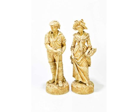 A pair of late 19th century Continental figures representing a farmhand and a maiden wearing a bonnet holding a basket of flo