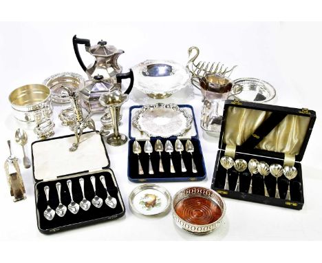 A good collection of assorted silver plate including a tea service, an unusual toast rack modelled as a swan, entrée dishes, 
