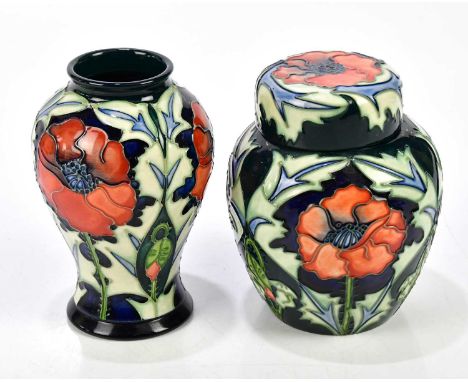 MOORCROFT; a ginger jar and cover, height 16cm, and a vase, height 16cm, each decorated in the 'Poppy' pattern (2).Condition 