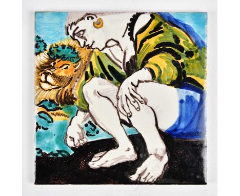 † PAULA REGO (born 1935); a signed limited edition ceramic tile, 'Woman and Lion' numbered 19/50, produced in 1997, presented