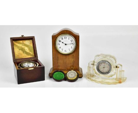 W. GREENWOOD; a walnut cased mantel clock, a modern resin clock, a P&amp;O cruise clock and a modern pocket barometer (4).
