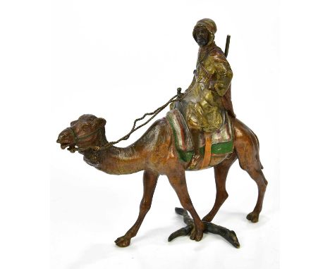 AFTER FRANZ XAVIER BERGMAN; a cold painted bronze figure of male seated on camel, height 17cm.