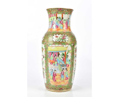 A 19th century Chinese Canton vase with flared neck, decorated with panels depicting exotic birds, floral sprays and figures,
