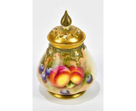 ROLANDS FOR ROYAL WORCESTER; a hand painted potpourri and cover decorated with fruit, black painted marks and numbered 291, h