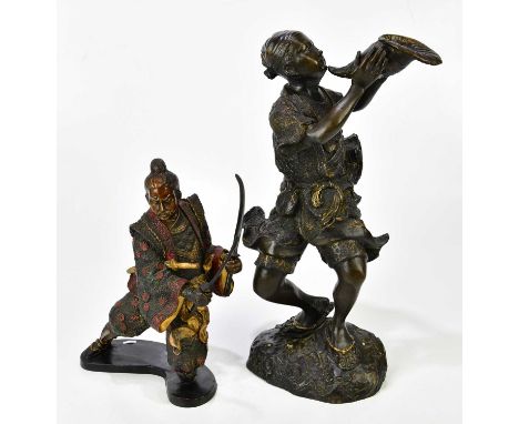 Two reproduction bronze figures, comprising model of a Samurai, height 27cm, and a model of a boy blowing a cornucopia, heigh