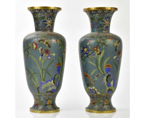 A good pair of Chinese cloisonne vases with floral decoration on a turquoise ground, each with bronze mount, impressed marks 