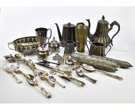A small collection of assorted plated items to include three Eastern scroll holders, assorted flatware in the King's pattern,