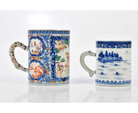Two Chinese Export ware porcelain mugs, circa 1800 including a Famille Rose example decorated with figures in landscape and p