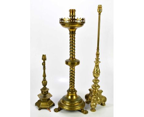 A Victorian brass altar candlestick converted to a table lamp, height 71cm, together with a 19th century table lamp, possibly