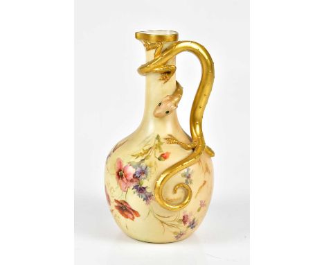 ROYAL WORCESTER; a blush ivory ewer with lizard handle, decorated with floral sprays, factory marks and numbered 260 to the u