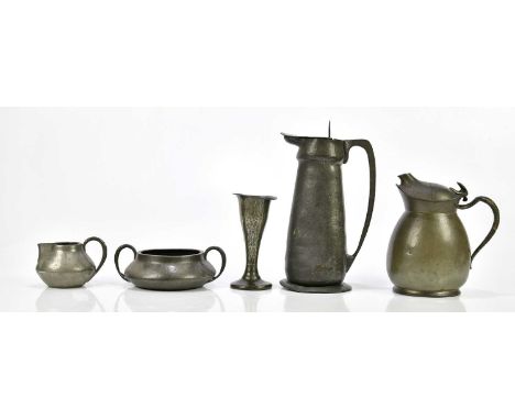 ENGLISH PEWTER; an Arts &amp; Crafts claret jug with planished body, height 25cm, a W.H. Haseler water jug, an English Pewter