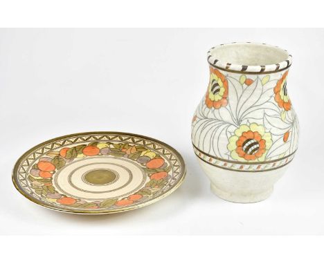 CHARLOTTE RHEAD FOR CROWN DUCAL; a wall charger decorated in a chain pattern, diameter 32cm, and a Crown Ducal vase (2).Condi