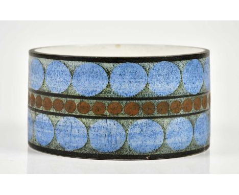 MARILYN PASCOE FOR TROIKA POTTERY; a drum bowl decorated with three bands of circles, signed Troika, St Ives, England with pa