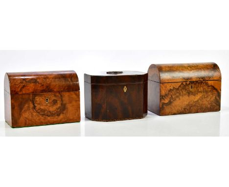 A Georgian mahogany tea caddy, the hinged cover enclosing two compartments with covers, width 19cm, height 14cm, together wit
