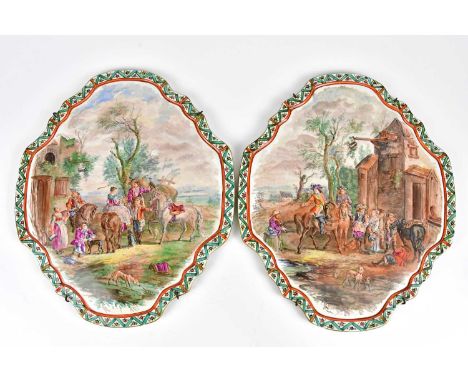 A pair of 19th century hand painted French quatroform plaques decorated with figures on horseback beside tavern and hanging s