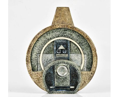 JANE FITZGERALD FOR TROIKA POTTERY; a medium sized wheel lamp base with relief decoration, signed Troika with painted initial