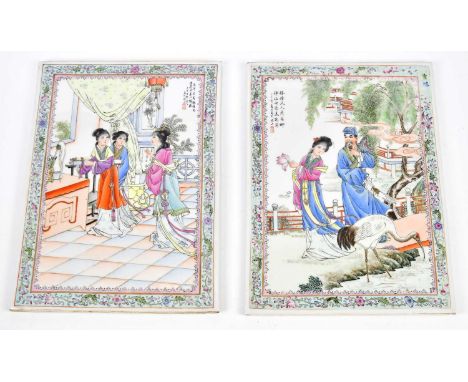 A pair of 20th century Chinese hand painted rectangular plaques depicting figures in an interior as well as figures in landsc
