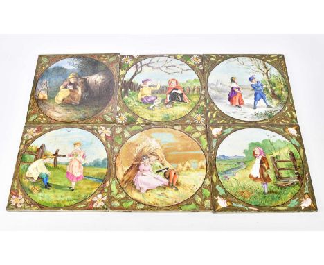 MINTON HOLLINS &amp; CO; a set of six hand painted ceramic tiles depicting children in the four seasons, each approx 22.5 x 2