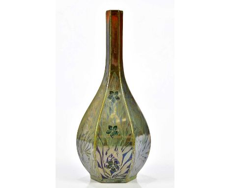 RICHARD JOYCE FOR PILKINGTONS ROYAL LANCASTRIAN; a hexagonal lustre vase with floral decoration, height 27cm.Condition Report