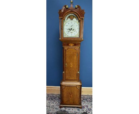 A 19th century oak eight day movement long case clock, with painted dial and moon phase with second dial, indistinctly signed