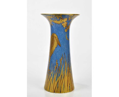 ROYAL DOULTON; a large trumpet shaped vase decorated in gilt with cranes on a blue ground, height 35.5cm.Condition Report: Th