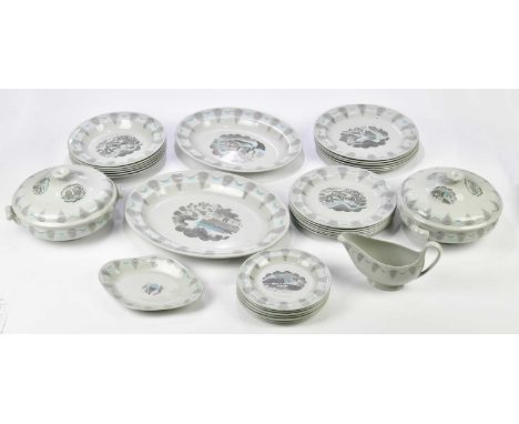 ERIC RAVILIOUS FOR WEDGWOOD; a twenty-nine piece dinner service in the 'Travel' pattern, including two tureens, meat plates, 