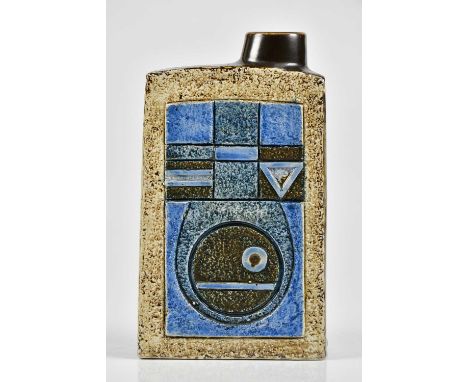 ALISON BRIGDEN FOR TROIKA POTTERY; a shouldered bottle vase with embossed and impressed stylised decoration to two sides, wit