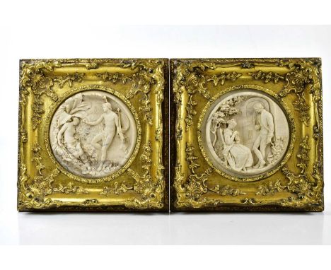 Two reproduction carved alabaster plaques, one depicting seated maiden and gentleman, the other depicting nude figures, diame