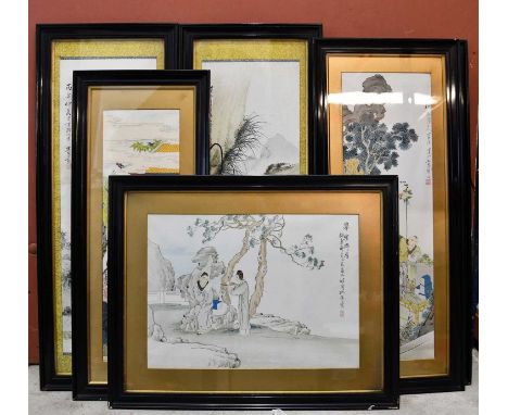 Four Chinese watercolours depicting figures in landscape scenes, each with script and seal marks, largest approx 74 x 24cm, a