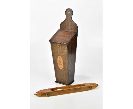 An 18th century style inlaid oak candle box, height 57cm, together with a bobbin turner. 