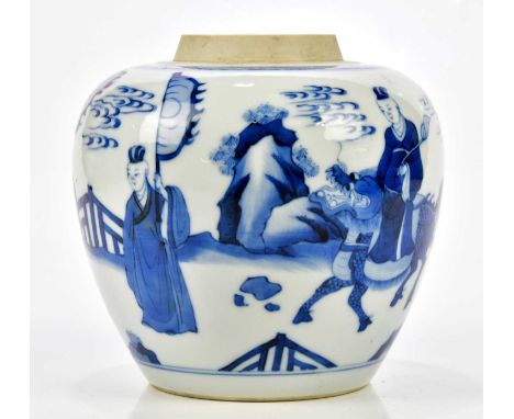 A 19th century Chinese blue and white porcelain ginger jar decorated with figure riding stylised horse within landscape setti