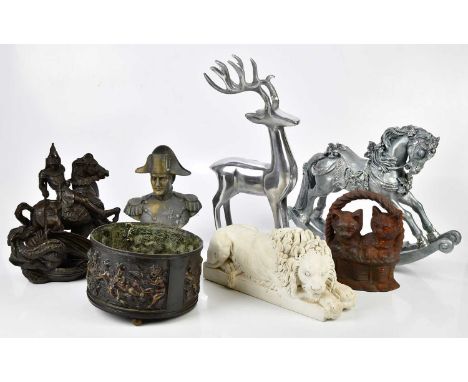 A small group of ornaments to include a resin figure of George and the Dragon, a brass bust of Napoleon, a modern resin rocki