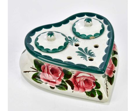 WEMYSS WARE; a ceramic heart shaped inkwell with covers, decorated in the 'Cabbage Rose' pattern, impressed marks and later i