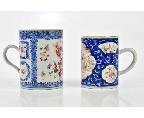 Two circa 1800 Chinese Famille Rose porcelain mugs, the smaller example decorated with panels of figures in landscape, exotic