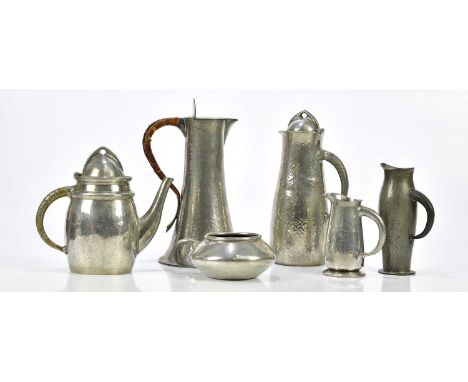 A collection of English and Tudric pewter to include a claret jug with wicker handle, numbered 028, height 26cm, an English P