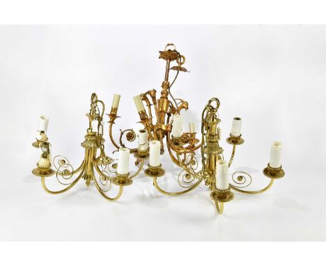 A Victorian style brass five branch ceiling light, with scrolling terminals supporting the electrified socles, with gazelle h