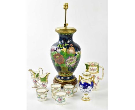 COALPORT; a blue and white gilt decorated twin handled pedestal vase, with a seven piece Minton part service decorated with A