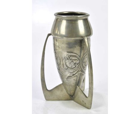 ARCHIBALD KNOX FOR LIBERTY &amp; CO; a pewter rocket vase, relief decorated with stylised motifs, height 19cm, unmarked.Condi