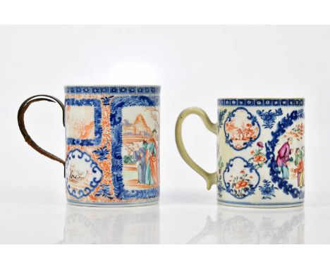 Two Chinese Famille Rose porcelain mugs, circa 1800, each decorated with figures in landscape scene, height of largest exampl