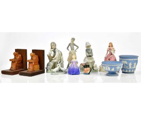A mixed lot of ceramics to include four Lladro figures, two Wedgwood jasperware bowls, a pair of Black Forest book ends, etc.