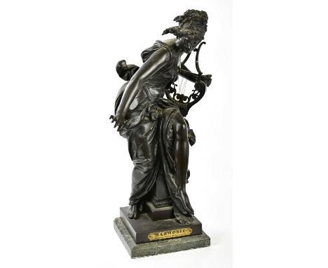 ALBERT-ERNEST CARRIER-BELLEUSE; a late 19th century French bronze sculpture of a maiden with flowing hair, seated on a plinth