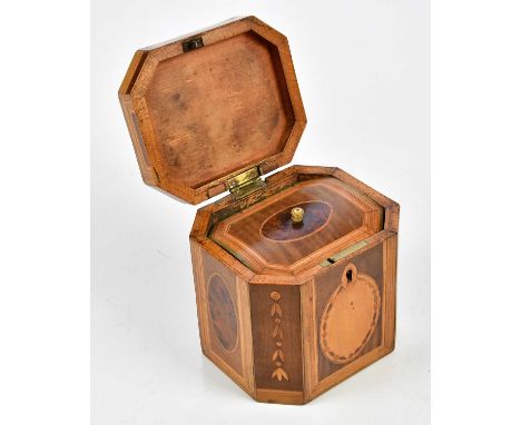 A 19th century satinwood inlaid tea caddy of canted rectangular form, width 12.5cm, height 12.5cm, with interior lid.