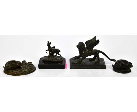 AFTER CHRISTOPHER FRATIN; a miniature bronze model of a hind, height 6.5cm, together with a bronze model of a rabbit and kit,