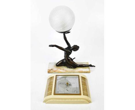 An Art Deco style lamp with a lady on marble base, 44cm, together with a bakelite barometer