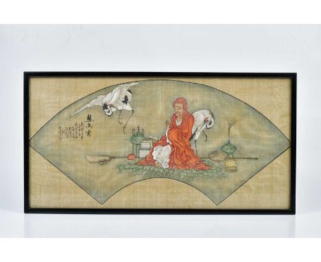 A Chinese Qianlong period watercolour, a design for a fan showing a seated figure beside two cranes with an incense burner by