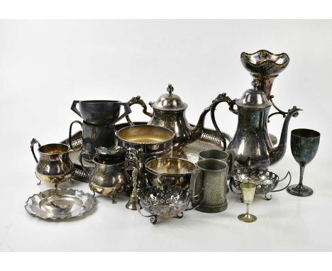 A quantity of assorted silver plate to include a galleried tray, an epergne, a tea service, also a white metal (probably silv