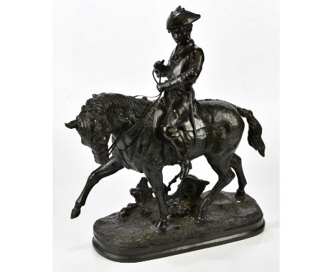 AFTER BARYE; a reproduction bronze figure group representing a soldier wearing a tricorn hat on horseback, height 61cm, lengt