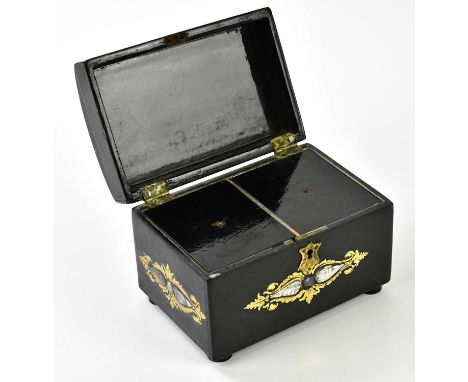 A Victorian papier mâché and mother of pearl inlaid tea caddy, the domed lid enclosing two interior compartments, width 15cm,