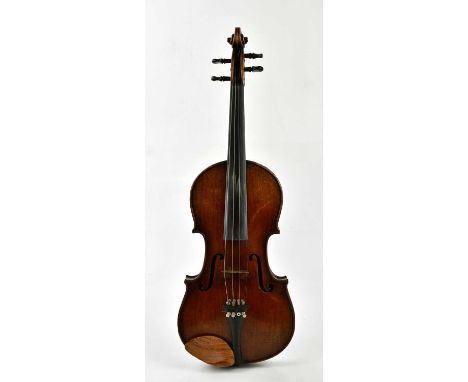 A full size German violin, Stradivarius copy, with two-piece back length 36cm, cased with a bow.