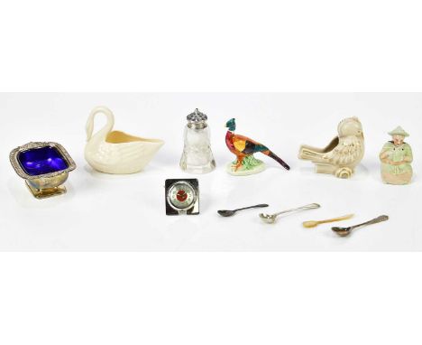 CLARICE CLIFF; a model of a chick, width 8cm, with a Beleek model of swan, Beswick pheasant, etc.